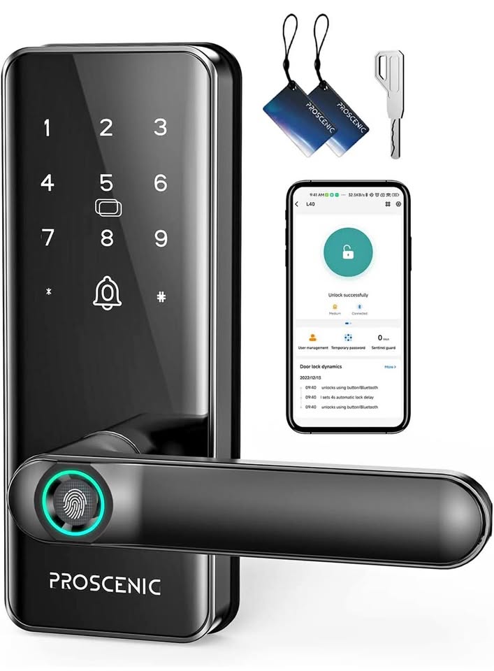 Smart Lock , Proscenic Keyless Entry Door Lock with Handle , Fingerprint Locks Support WiFi & Bluetooth