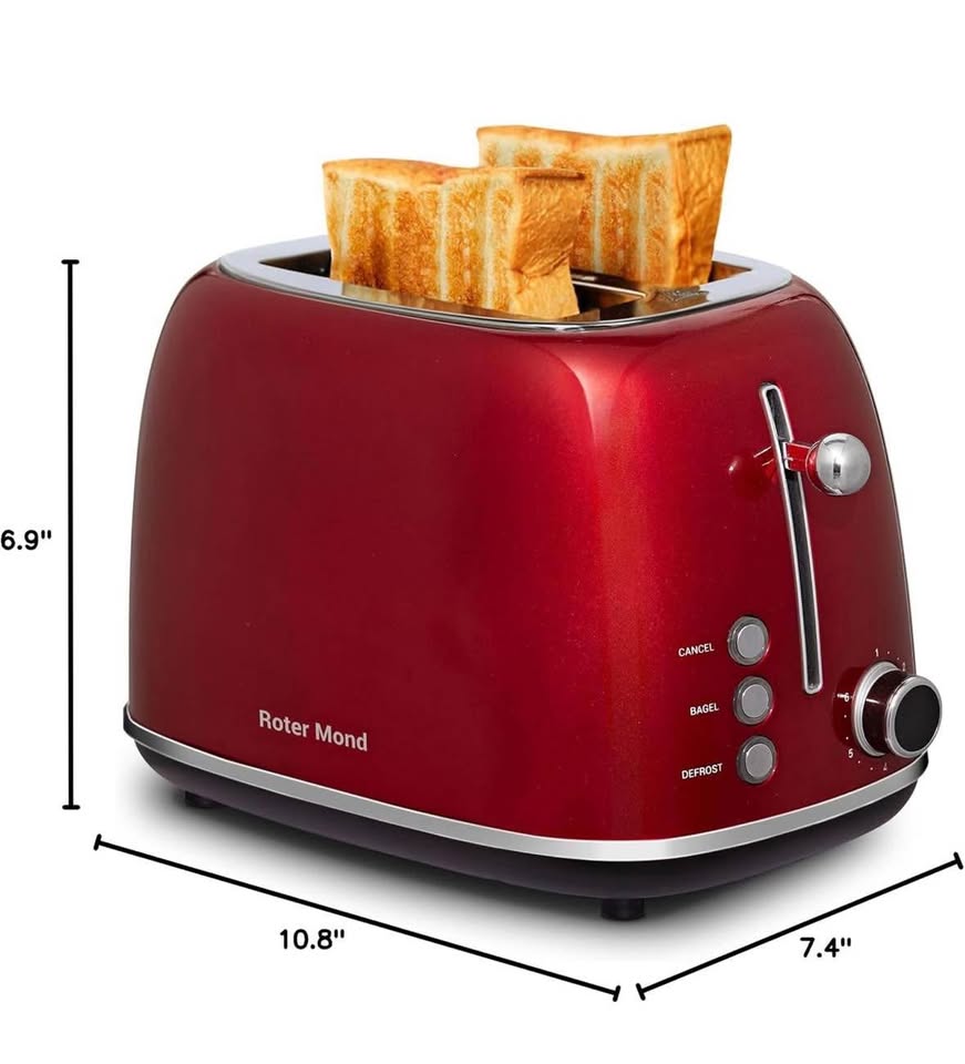 Roter Mond 2-Slice Retro Toaster, Stainless Steel, 6 Shade Settings, Wide Slots, Red