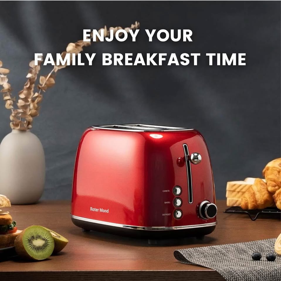Roter Mond 2-Slice Retro Toaster, Stainless Steel, 6 Shade Settings, Wide Slots, Red