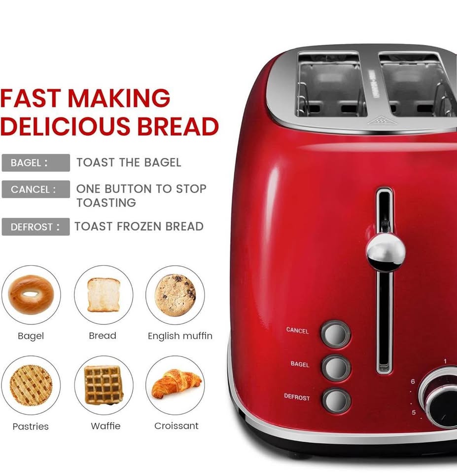 Roter Mond 2-Slice Retro Toaster, Stainless Steel, 6 Shade Settings, Wide Slots, Red