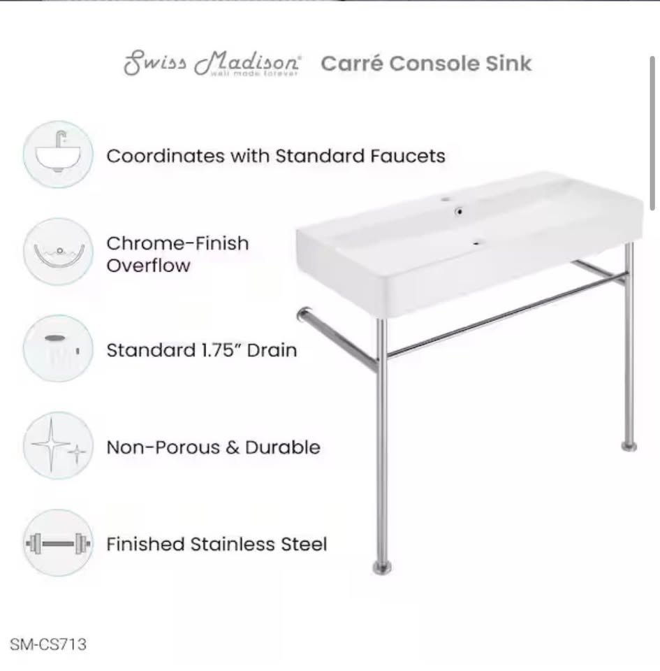 Swiss Madison Carre 36 in. Ceramic Console Sink White Basin Chrome Legs