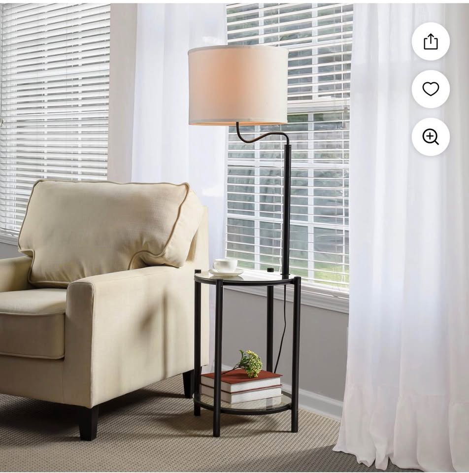 Mainstays Glass End Table Floor Lamp with White Shade, Matte Black, 17"L x 17"W x 54"H