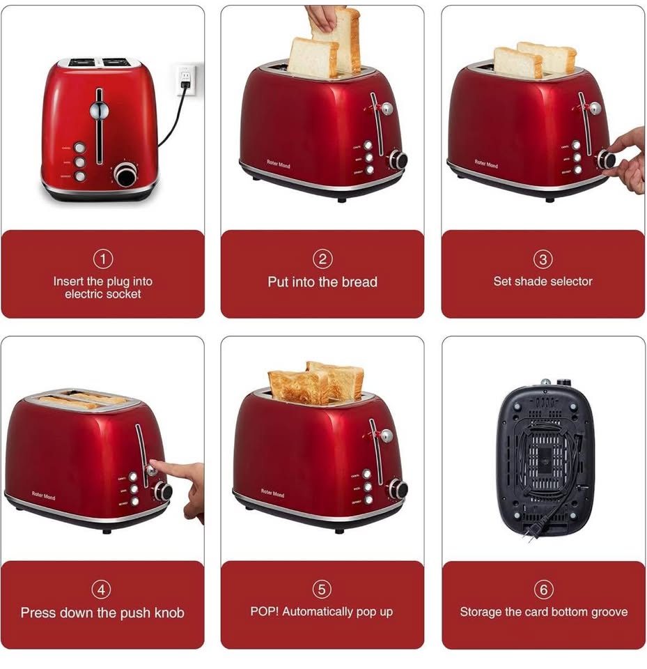 Roter Mond 2-Slice Retro Toaster, Stainless Steel, 6 Shade Settings, Wide Slots, Red