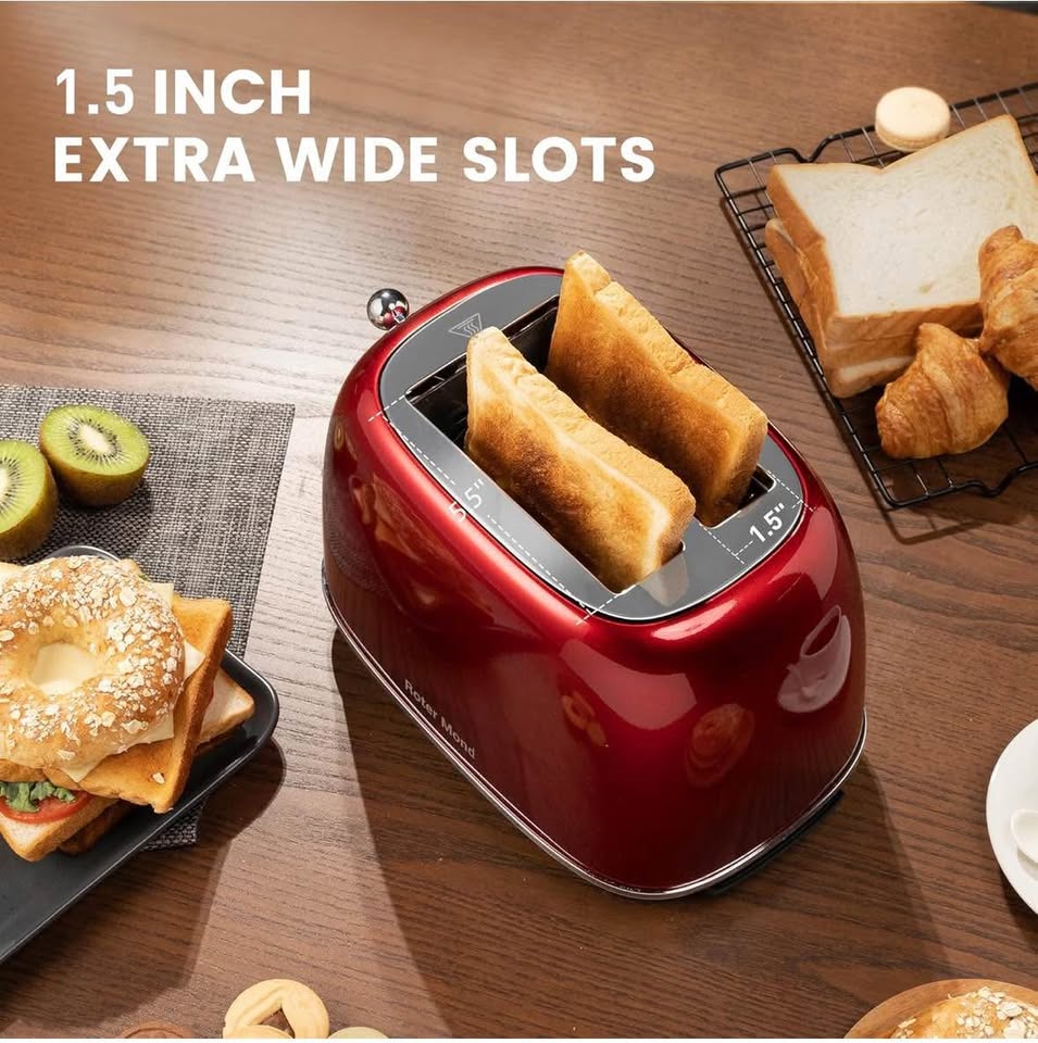 Roter Mond 2-Slice Retro Toaster, Stainless Steel, 6 Shade Settings, Wide Slots, Red