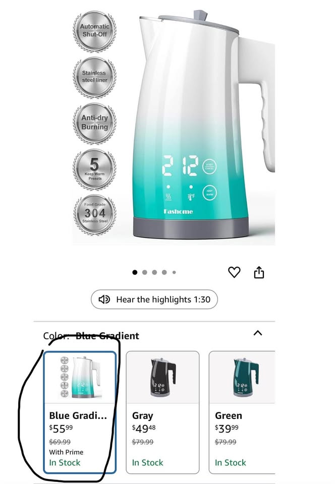 Electric Kettle 1.25L, Temperature Control, Stainless Steel, Auto Shut-Off, 1200W