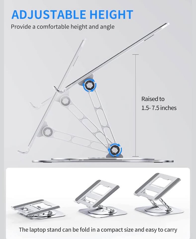 Adjustable 360° Rotating Foldable Laptop Stand for Up to 16” Laptops, Silver