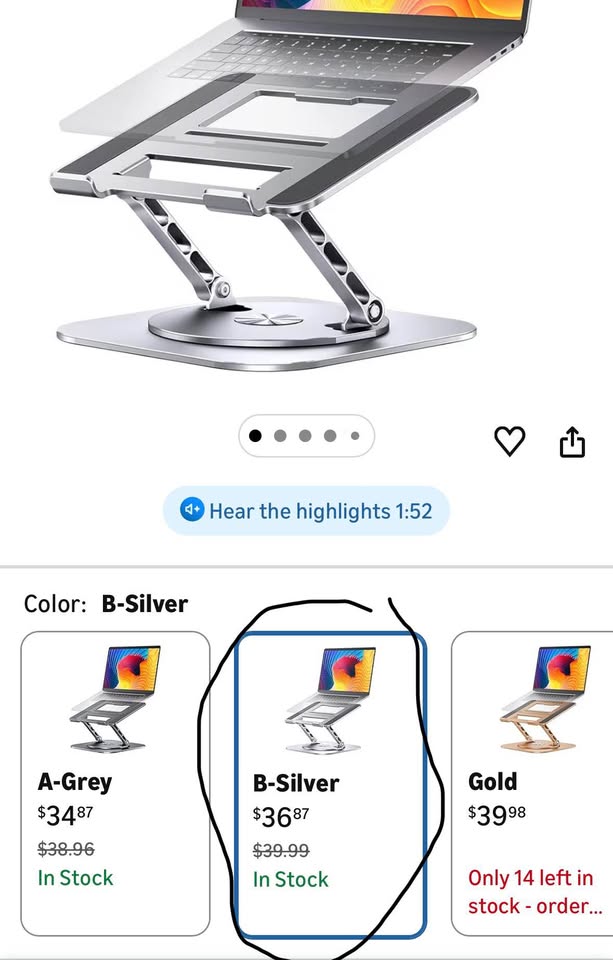 Adjustable 360° Rotating Foldable Laptop Stand for Up to 16” Laptops, Silver