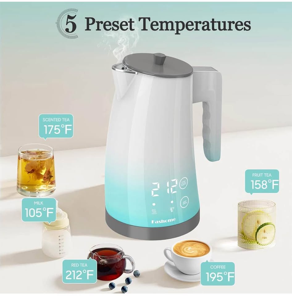 Electric Kettle 1.25L, Temperature Control, Stainless Steel, Auto Shut-Off, 1200W