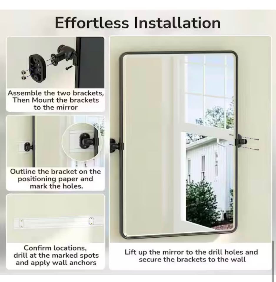 KeonJinn 24”x30” Black Framed Bathroom Mirror, Tilt/Pivot Vanity Mirror