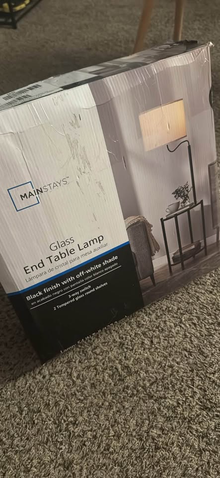 Mainstays Glass End Table Floor Lamp with White Shade, Matte Black, 17"L x 17"W x 54"H