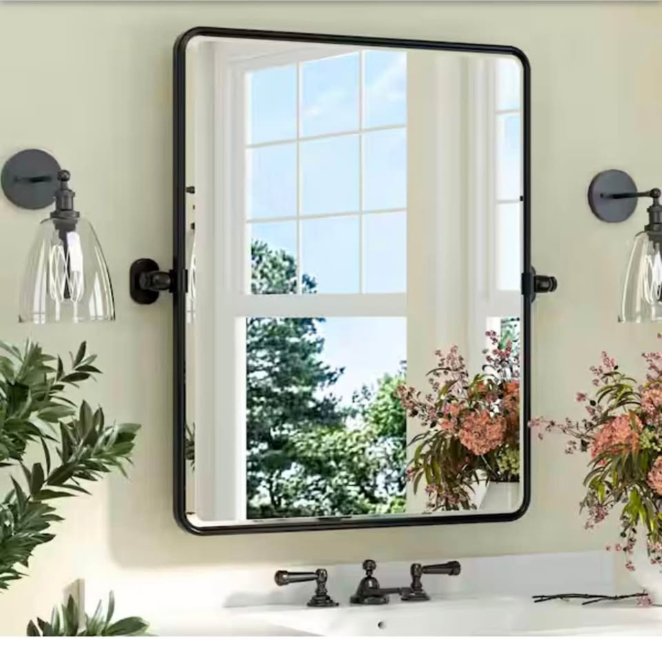 KeonJinn 24”x30” Black Framed Bathroom Mirror, Tilt/Pivot Vanity Mirror
