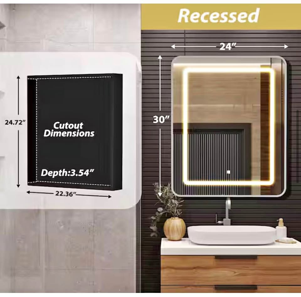 HOMEIBRO 24”x30” Silver LED Medicine Cabinet Mirror, Recessed/Surface Mount