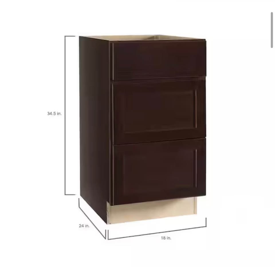 Hampton Bay Shaker 18” 3-Drawer Base Cabinet Java