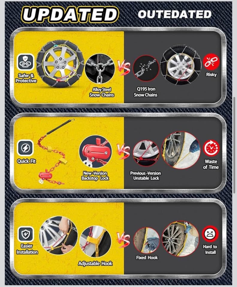 Easy Install Snow Tire Chains (Set of 2) – One-Pull Fit for Cars & SUVs