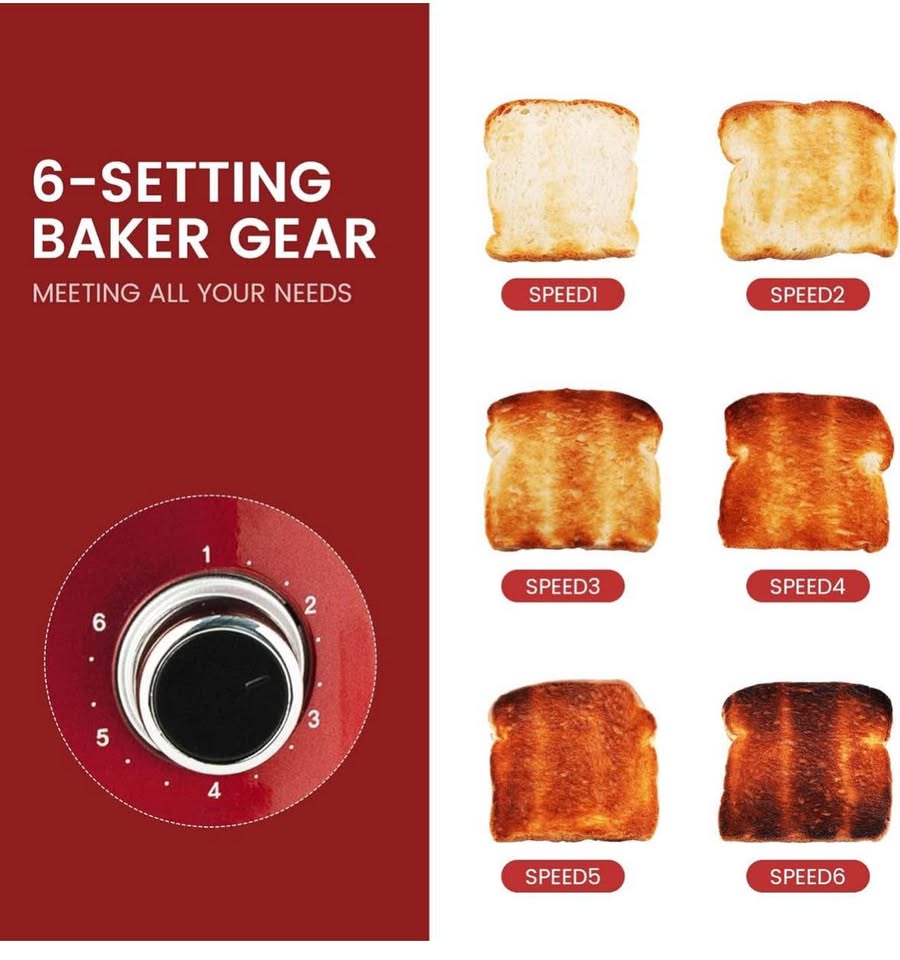 Roter Mond 2-Slice Retro Toaster, Stainless Steel, 6 Shade Settings, Wide Slots, Red