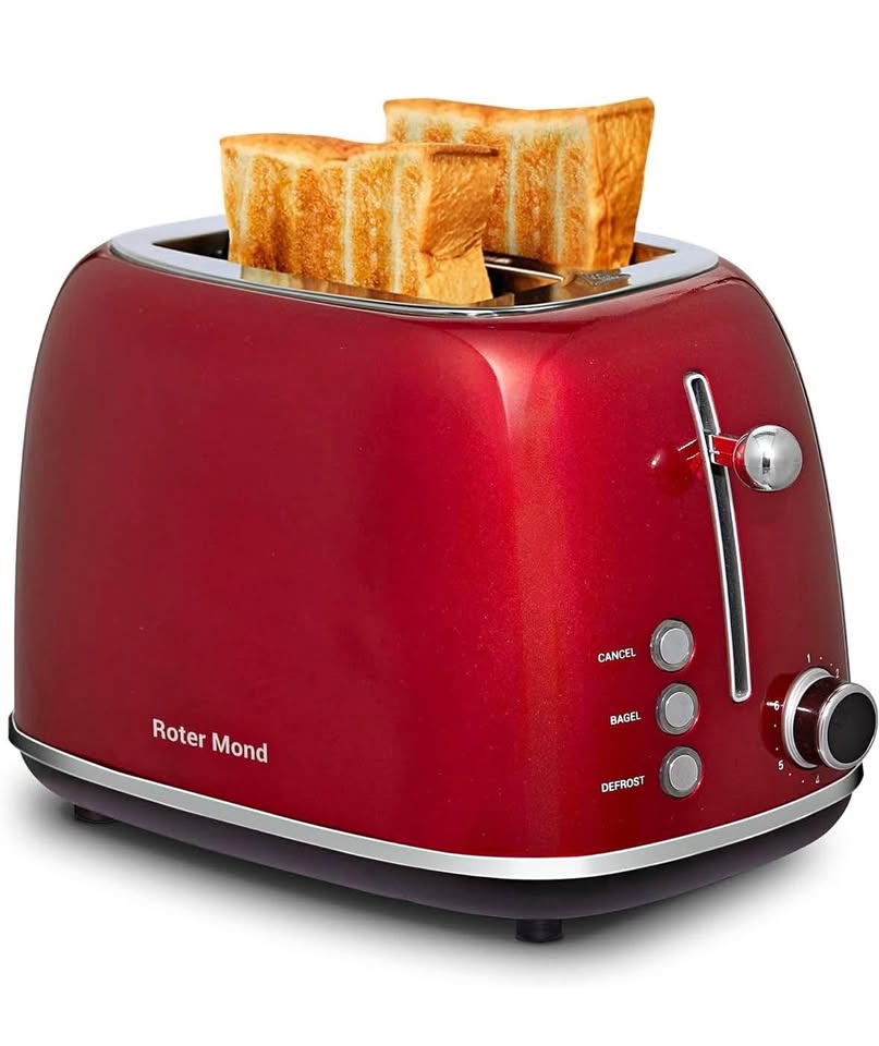 Roter Mond 2-Slice Retro Toaster, Stainless Steel, 6 Shade Settings, Wide Slots, Red