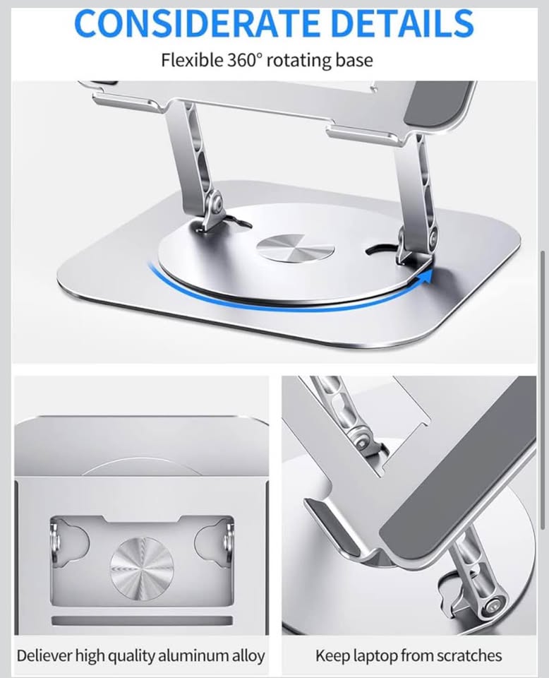 Adjustable 360° Rotating Foldable Laptop Stand for Up to 16” Laptops, Silver