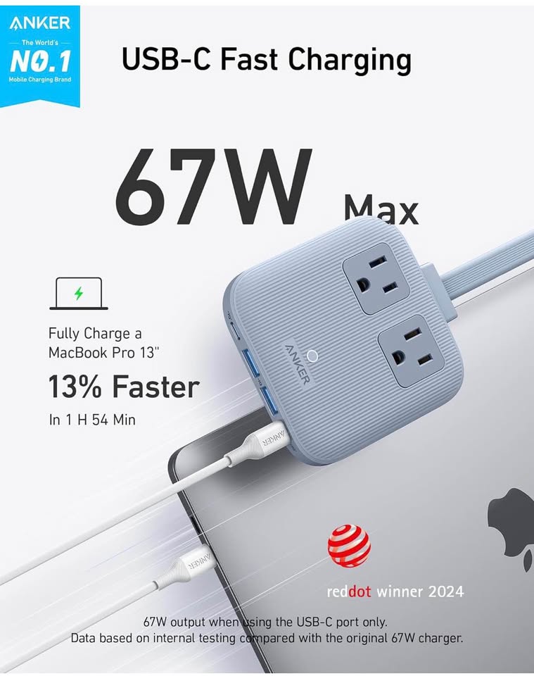 Anker 67W Nano 6-in-1 Travel Power Strip, 2 AC + 4 USB, 5ft Cord