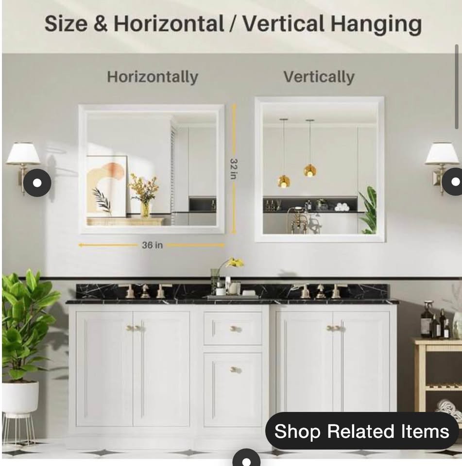 KIOTEE 32”x36” White Framed Bathroom Vanity Mirror, Wall Mounted Tempered Glass