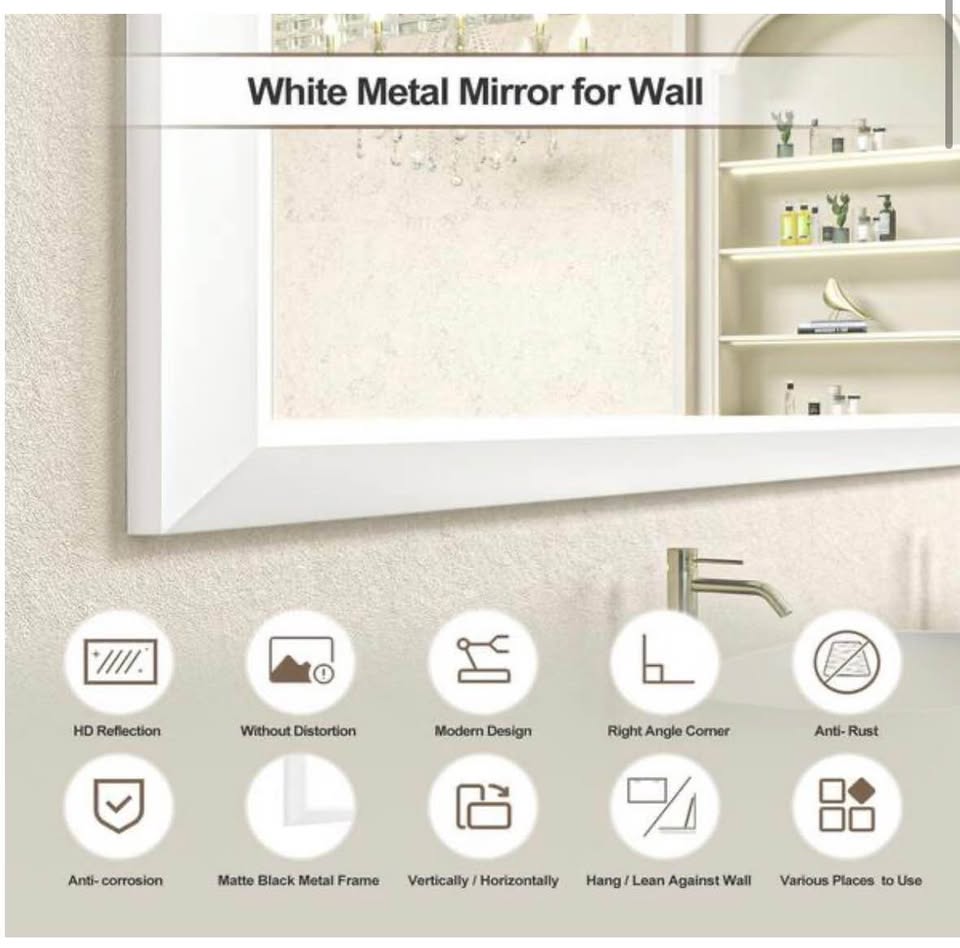 KIOTEE 32”x36” White Framed Bathroom Vanity Mirror, Wall Mounted Tempered Glass
