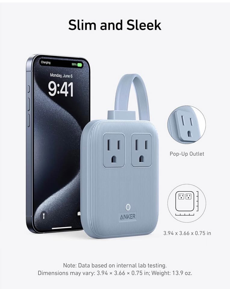 Anker 67W Nano 6-in-1 Travel Power Strip, 2 AC + 4 USB, 5ft Cord