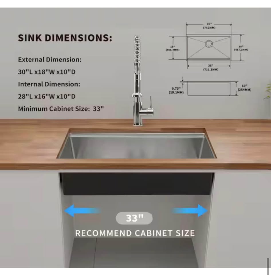 MYRYY 30”x18” Undermount Stainless Steel Kitchen Sink, 16-Gauge, Single Bowl with Accessories