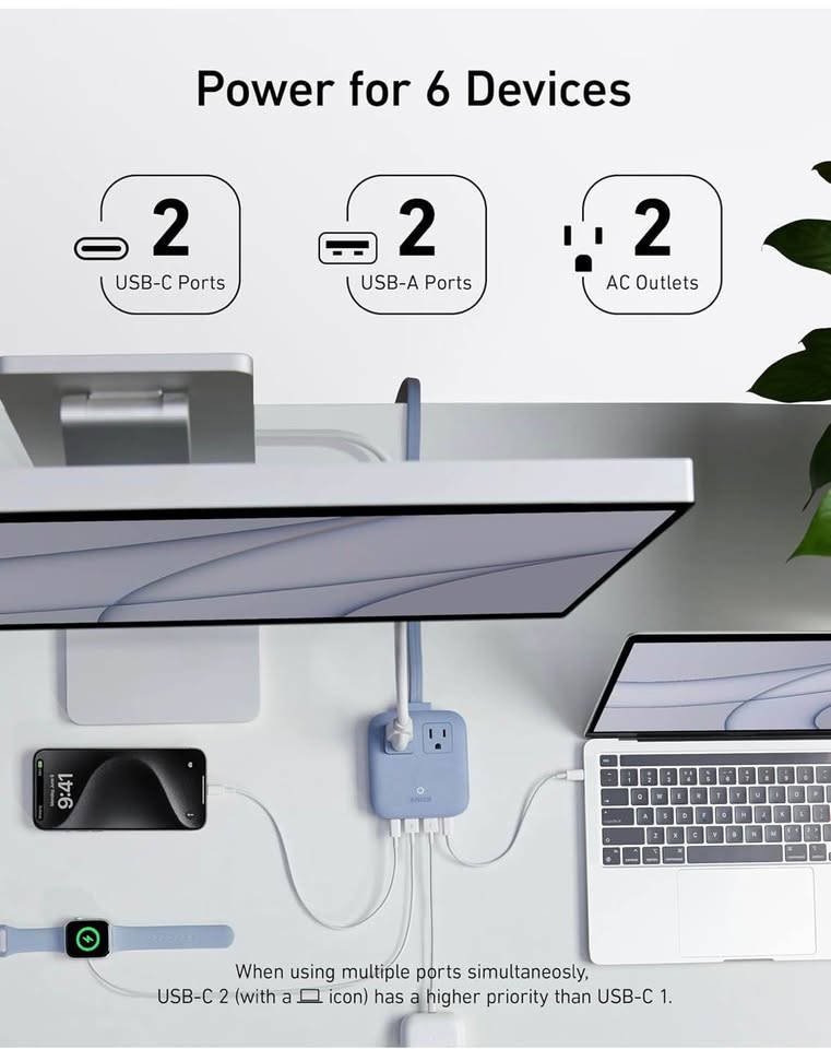 Anker 67W Nano 6-in-1 Travel Power Strip, 2 AC + 4 USB, 5ft Cord