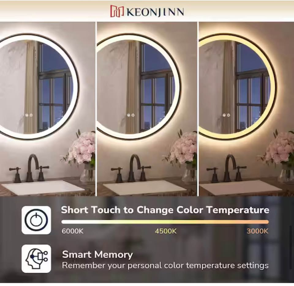 KeonJinn 36” Round LED Bathroom Mirror, 3-Color, Oil Rubbed Bronze
