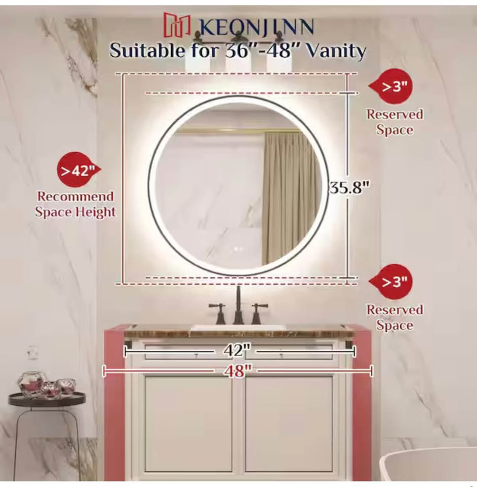 KeonJinn 36” Round LED Bathroom Mirror, 3-Color, Oil Rubbed Bronze