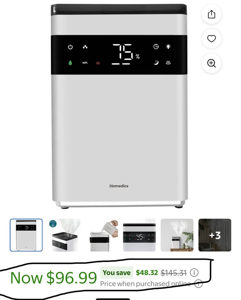 Homedics Premium Warm & Cool Mist Ultrasonic Topfill Humidifier, 58 Hour Runtime