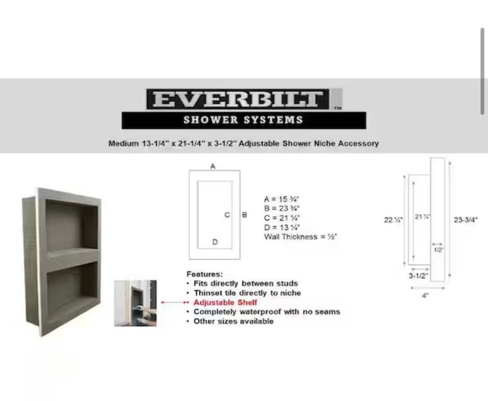 Everbilt Watershield Shower Niche w/ Adjustable Shelf 13.25”x21.25” x3.5”
