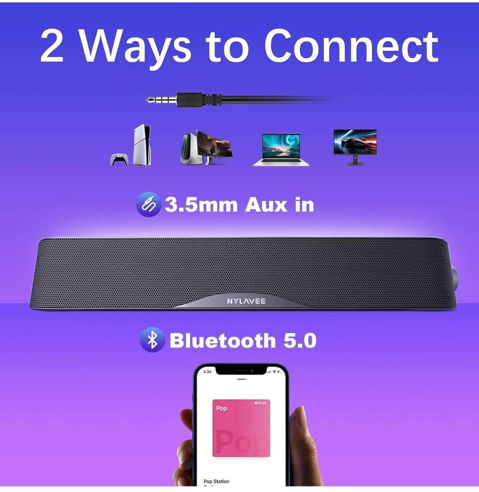 Bluetooth HiFi Computer Sound Bar with USB Power & 3.5mm Aux for PC/Laptop/Phones/Game Consoles