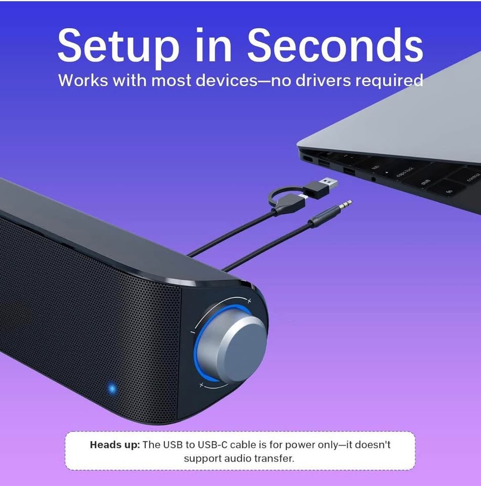 Bluetooth HiFi Computer Sound Bar with USB Power & 3.5mm Aux for PC/Laptop/Phones/Game Consoles