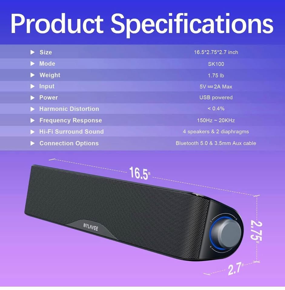Bluetooth HiFi Computer Sound Bar with USB Power & 3.5mm Aux for PC/Laptop/Phones/Game Consoles
