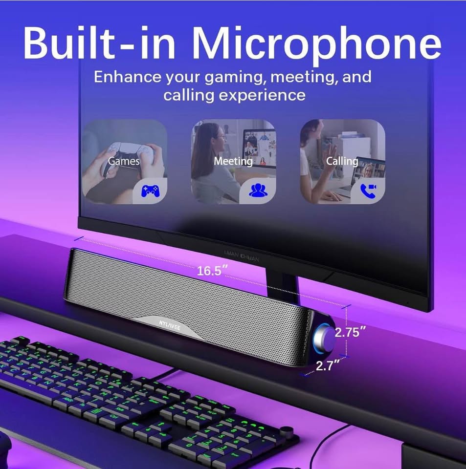 Bluetooth HiFi Computer Sound Bar with USB Power & 3.5mm Aux for PC/Laptop/Phones/Game Consoles