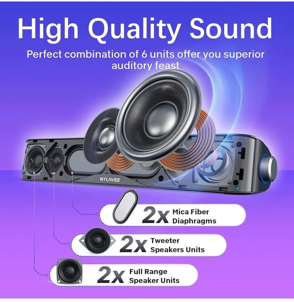 Bluetooth HiFi Computer Sound Bar with USB Power & 3.5mm Aux for PC/Laptop/Phones/Game Consoles