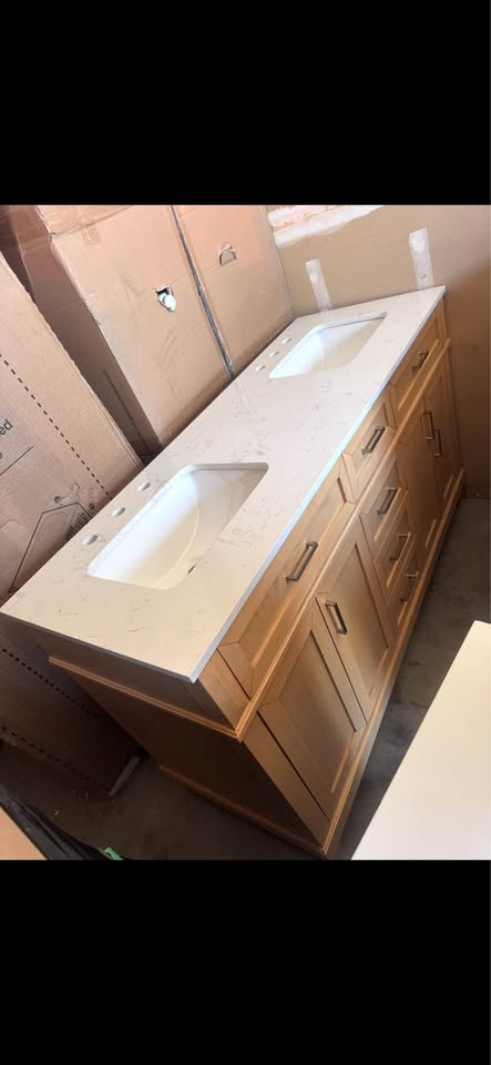 Home Decorators Collection Talmore 60” Double Sink Light Oak Bathroom Vanity w/ White Marble Top