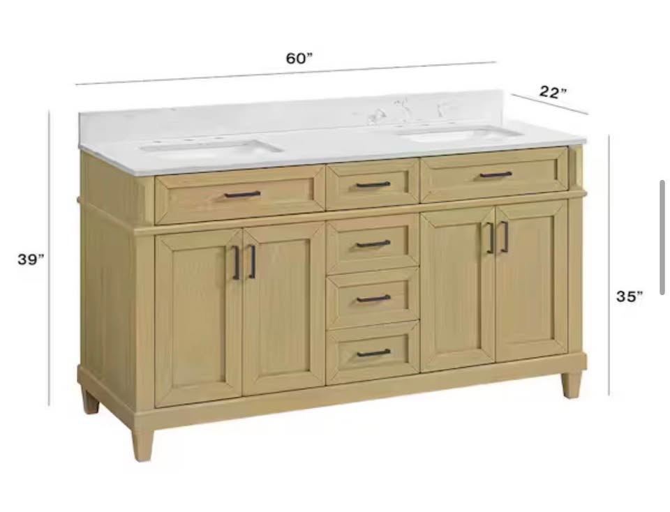Home Decorators Collection Talmore 60” Double Sink Light Oak Bathroom Vanity w/ White Marble Top