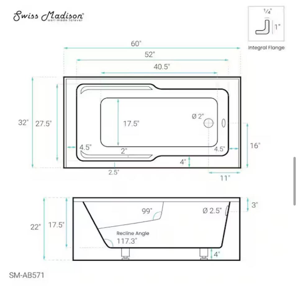Swiss Madison Claire 60” Right-Hand Drain Acrylic Alcove Bathtub White