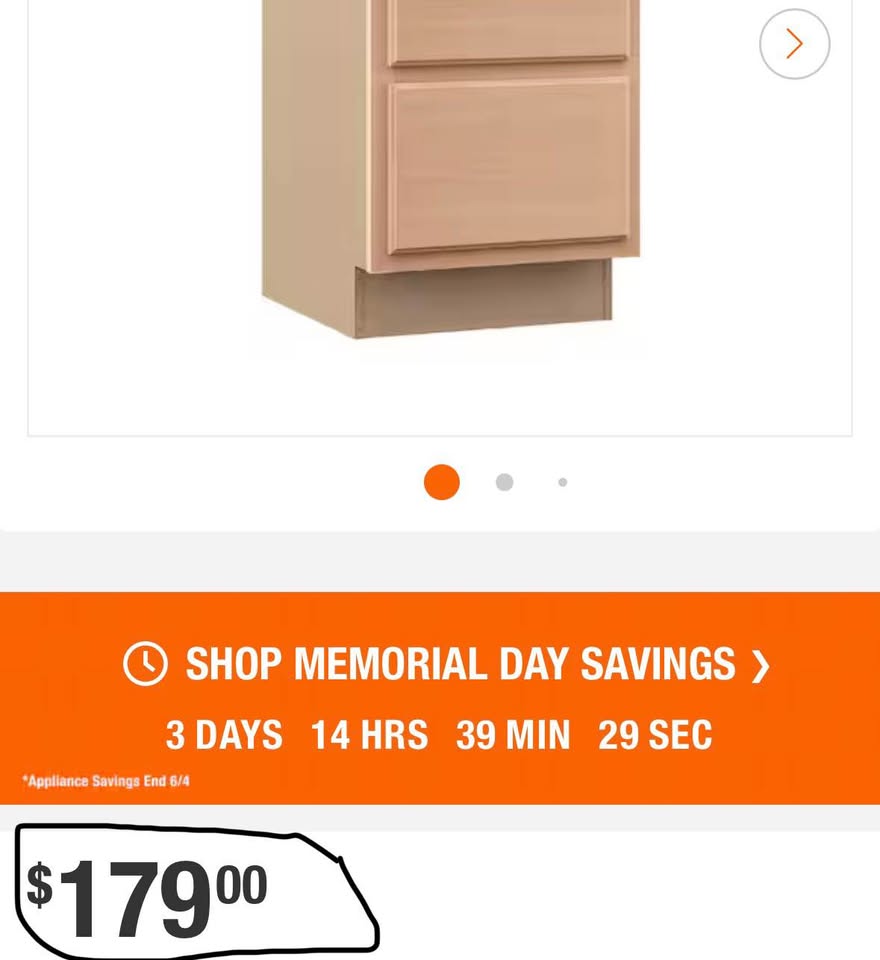 Hampton Bay 18” 3-Drawer Base Kitchen Cabinet