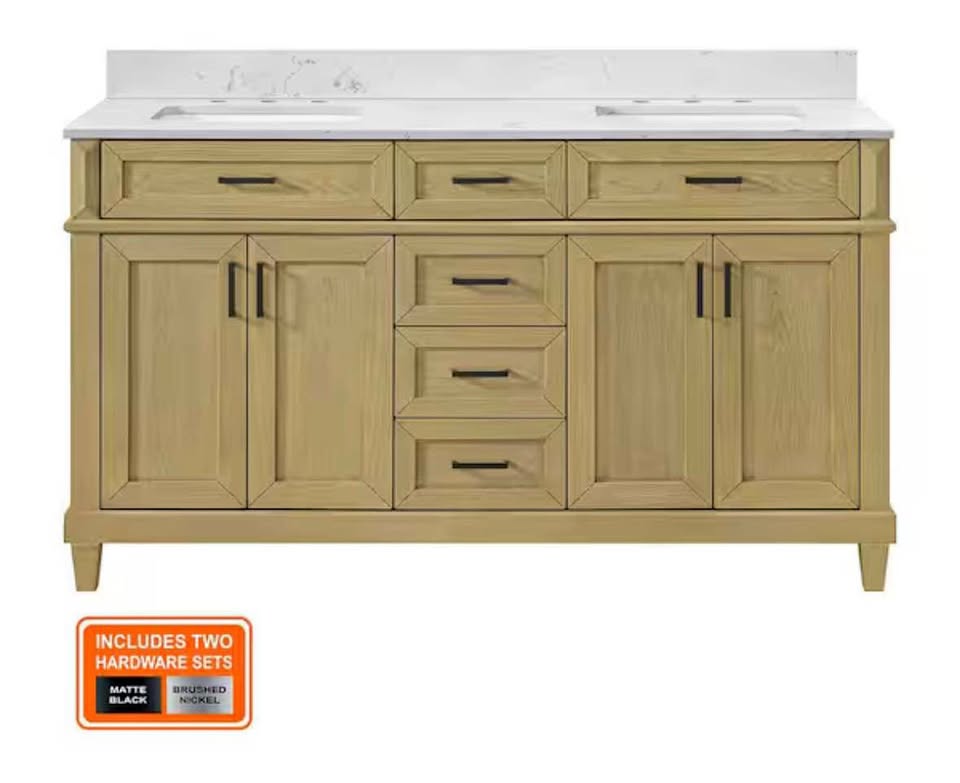 Home Decorators Collection Talmore 60” Double Sink Light Oak Bathroom Vanity w/ White Marble Top