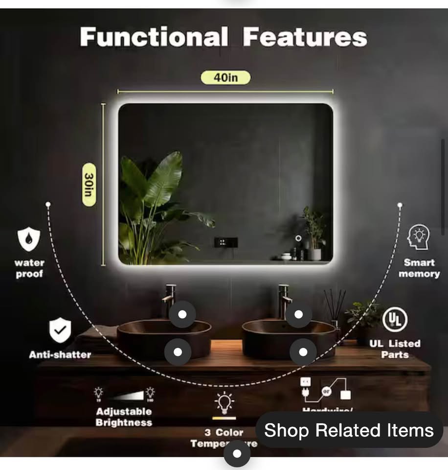 Sxiawe 30”x40” Frameless LED Bathroom Vanity Mirror, 3 Color Temps