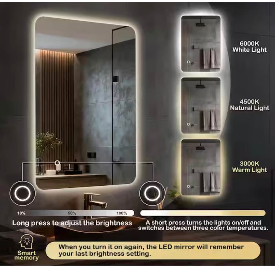 Sxiawe 30”x40” Frameless LED Bathroom Vanity Mirror, 3 Color Temps