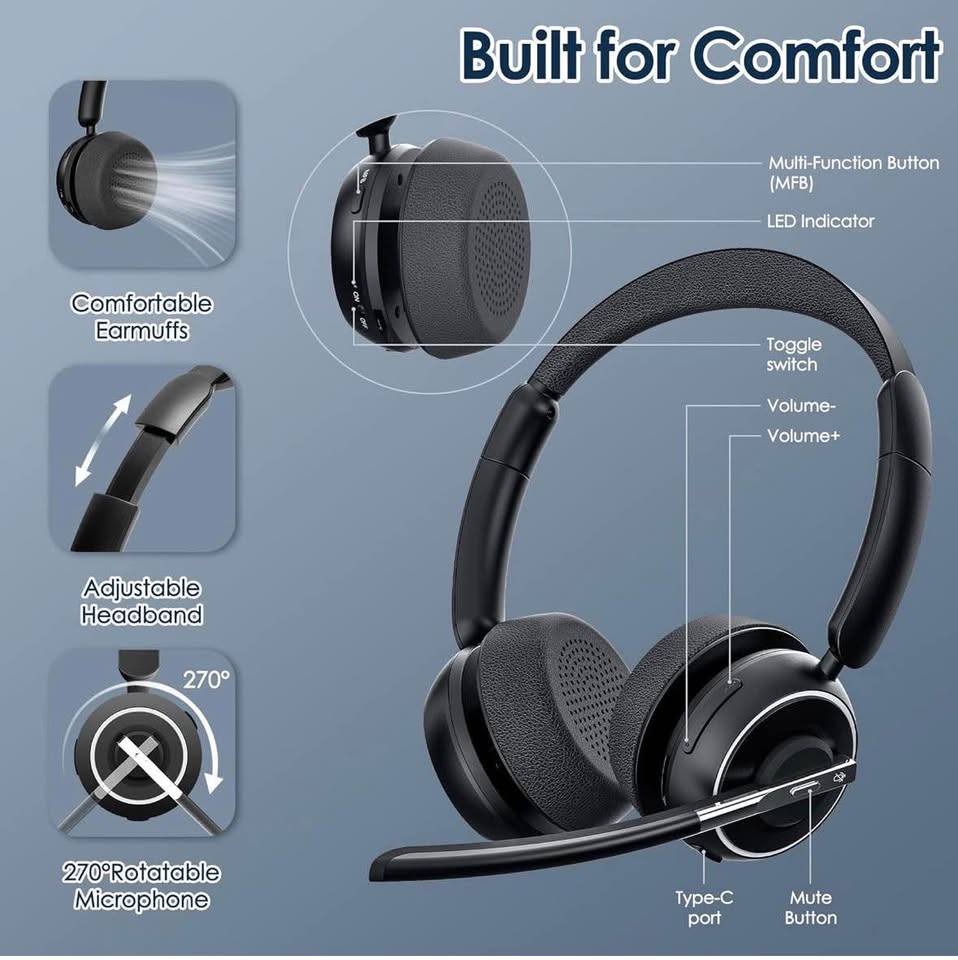 PrancyBt Wireless Headset – Noise Cancelling, USB Dongle, 35H Battery, HiFi Sound