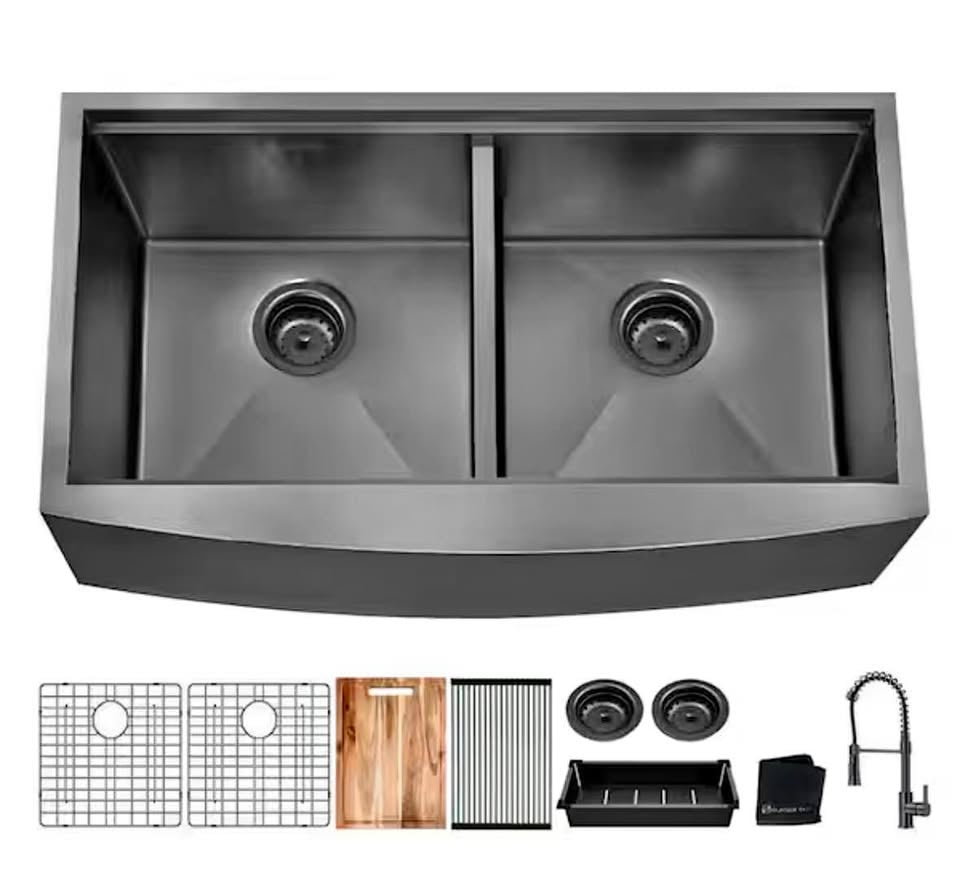 Glacier Bay 33” Farmhouse Double Bowl Workstation Sink, Gunmetal Black w/ Faucet