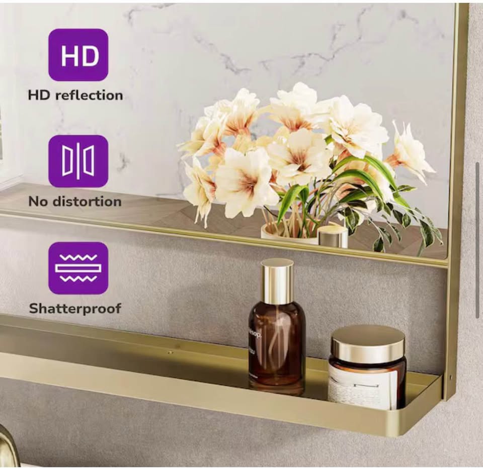 KeonJinn 24x32 Gold Framed Bathroom Mirror w/ Shelf