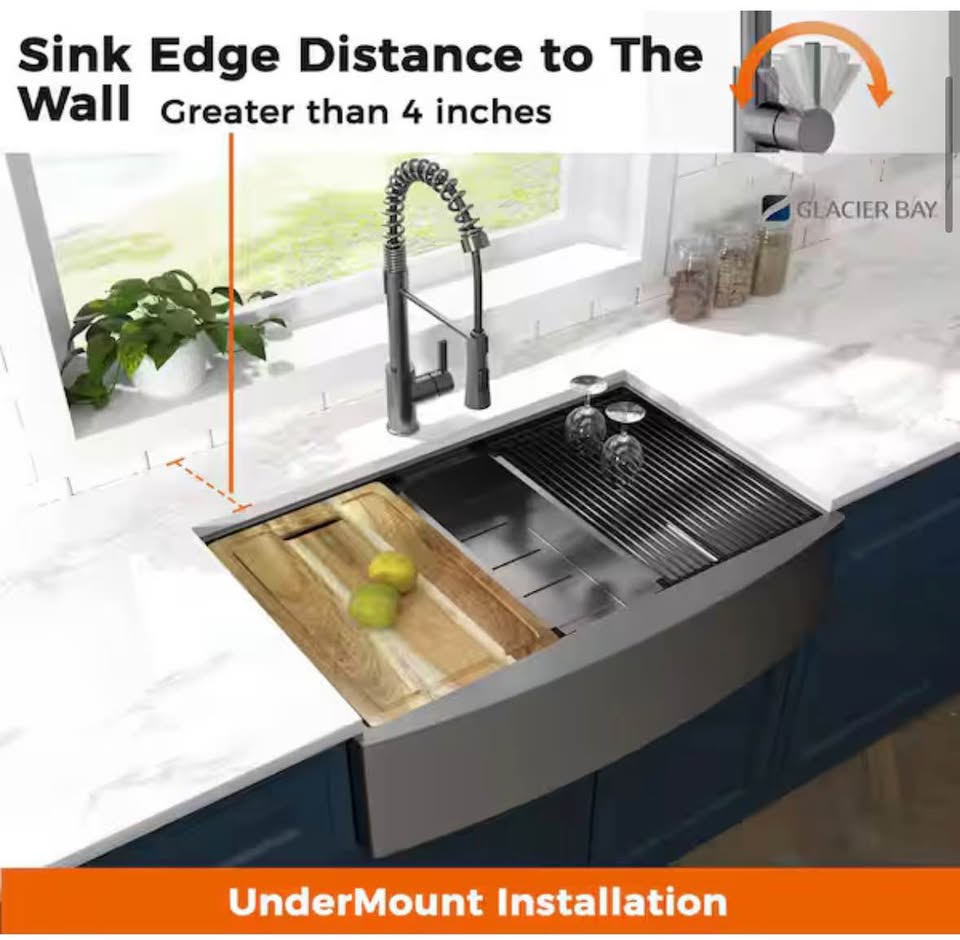 Glacier Bay 33” Farmhouse Double Bowl Workstation Sink, Gunmetal Black w/ Faucet