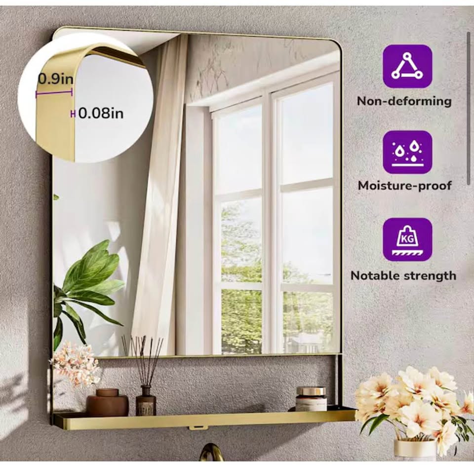 KeonJinn 24x32 Gold Framed Bathroom Mirror w/ Shelf