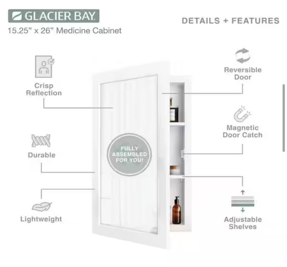 Glacier Bay Medicine Cabinet 26” x 15” – Mirror, Wall/Recessed Mount (Gray)