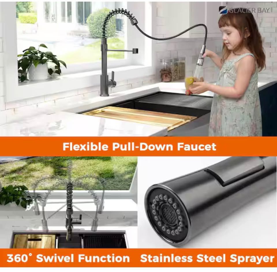 Glacier Bay 33” Farmhouse Double Bowl Workstation Sink, Gunmetal Black w/ Faucet